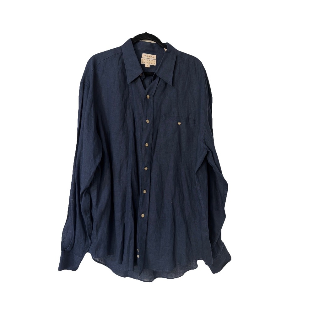 Joseph Abboud 100% Linen Button Down Long Sleeve Navy Blue Shirt Men's Sz XL VTG